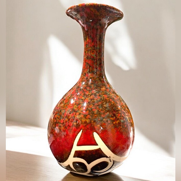 Vintage Red Rust Speckled Earthtone And Unglazed Abstract Design Ceramic Vase - Picture 1 of 16